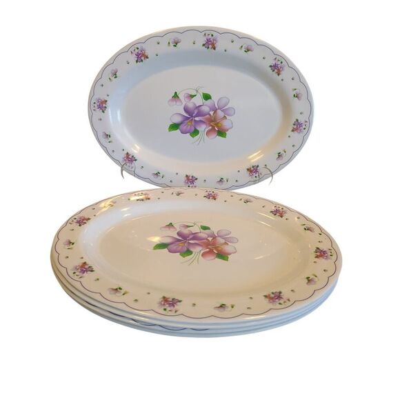 Vintage Floral Melamine Oval Dinner Plate Set of 5 Pink/ Purple 14"x10" Platter - Picture 1 of 10